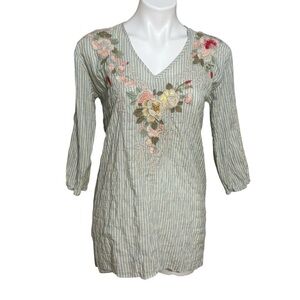Johnny Was 3J workshop blouse tunic striped embroidered size XS
